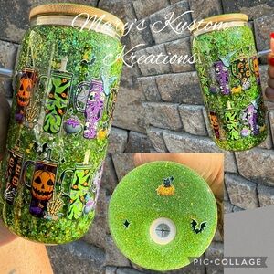 Green Glitter Glass Snow Globe Halloween Tumbler - 16oz